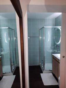 y baño con 2 duchas de cristal y lavamanos. en Casa Arte Nova do Rossio, en Aveiro