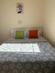 Una cama con dos almohadas de colores encima. en Cozy Nyumbani Studio Apartment In Mtwapa ., en Mtwapa