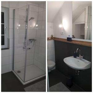 two pictures of a bathroom with a shower and a sink at Sissi's Feriendomizil in Winterberg