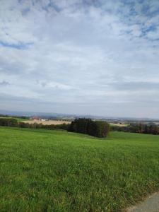 a large field of green grass with a sky at Unser Großer - Tiny House 