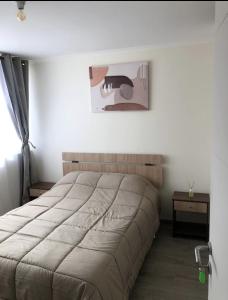 1 dormitorio con 1 cama grande en una habitación en Departamento cercano a la playa, en La Serena