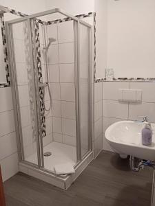a bathroom with a shower and a sink at Zentral und ruhig in Auerbach in Auerbach