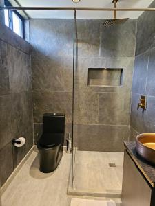 een badkamer met een douche, een toilet en een wastafel bij La casa en el aire in Medellín