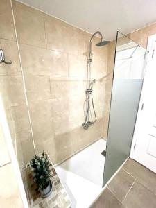 a bathroom with a shower with a potted plant at SeaHomes Vacations - CORAL SUN in Fenals Beach in Lloret de Mar