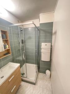 a bathroom with a shower and a toilet and a sink at La pause Tulliste in Tulle +29 photos