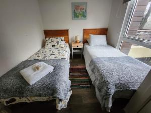 two twin beds in a room with a window at Apartamento Camino Al Volcan in Pucón