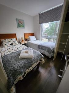 a bedroom with two beds and a large window at Apartamento Camino Al Volcan in Pucón