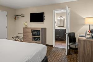 a hotel room with a bed and a desk and a television at Buck Meadows Lodge in Groveland