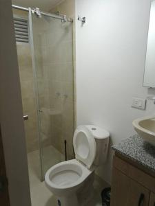 uma casa de banho com um chuveiro, um WC e um lavatório. em Apartaestudio 203 Gaitán em Bogotá