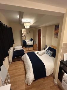 1 dormitorio con 1 cama grande y espejo en Cozy studio, en Londres