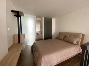 ein Schlafzimmer mit einem Bett in einem Zimmer in der Unterkunft Moderno dúplex tipo loft 1BR in Cartagena de Indias