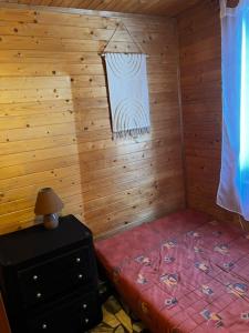 a small room with a bed in a wooden cabin at Patysiówka in Stronie Śląskie