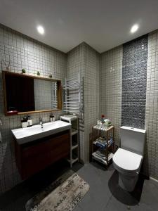 La salle de bains est pourvue d'un lavabo, de toilettes et d'un miroir. dans l'établissement Appartemment 3 pièces à Harhoura, à Harhoura
