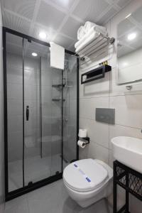 a bathroom with a shower and a toilet and a sink at APOLLO HOTEL & APARTMENtS in Istanbul