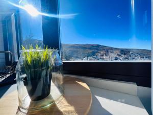 un jarrón de cristal sentado en una mesa frente a una ventana en Apartamentos Sierra Nevada BlueTTravel - Zona baja, en Sierra Nevada