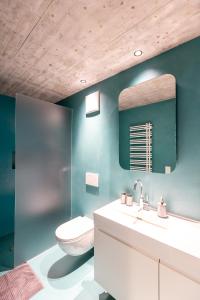 y baño con aseo, lavabo y espejo. en Haus Burgermeister Wohnung Schiesshorn, en Arosa
