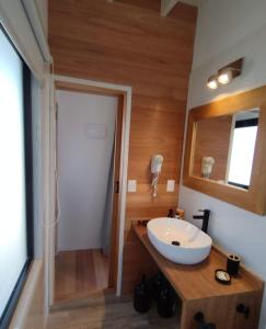 uma casa de banho com um lavatório branco e um espelho. em Las Rochas, Suites de Mar em Punta Del Diablo