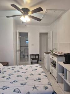 a bedroom with a bed and a ceiling fan at Brand new studio apartment in Vero Beach