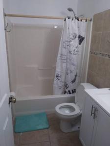 y baño con aseo y cortina de ducha. en mini Apartment in sunshine city Florida, en Vero Beach