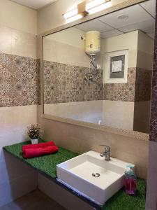 een badkamer met een wastafel en een spiegel bij Serene Stay India in Greater Noida