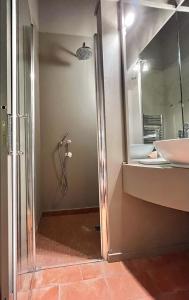 uma casa de banho com um chuveiro e um lavatório. em Serravalle Castle Apartment em Serravalle