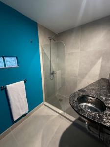 y baño con ducha, lavabo y barra. en Turquoise Buenos Aires, en Buenos Aires 101 fotos más