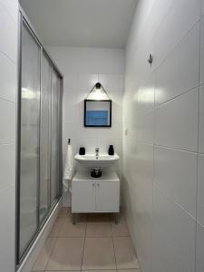 La salle de bains blanche est pourvue d'un lavabo et d'un miroir. dans l'établissement Penthouse near Central Station with free parking, à Vienne