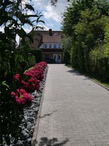 une allée avec des fleurs roses devant une maison dans l'établissement Ferienwohnung Backbord, à Werdum