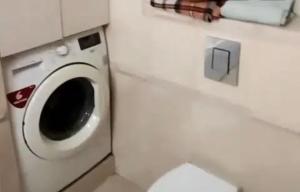uma casa de banho com uma máquina de lavar roupa ao lado de um WC em VIP apart 537 em Tsqnetʼi