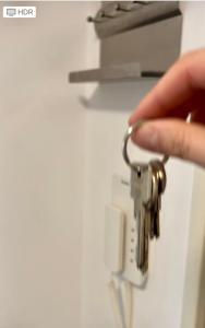 a person holding a bunch of keys on a door at Golf- Appartement in Adendorf