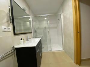 a bathroom with a shower and a white sink at Mini Terraza Relajante Galvani in Terrassa