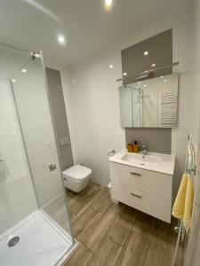 La salle de bains est pourvue d'une douche, d'un lavabo et de toilettes. dans l'établissement Apartamenty Pod Rudką Czarna Góra Agroturystyka, à Sienna
