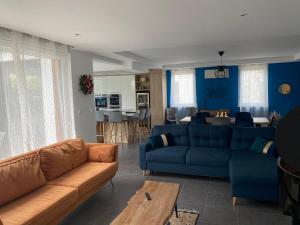 ein Wohnzimmer mit 2 blauen Sofas und einer Küche in der Unterkunft Villa Exclusive in Straßburg