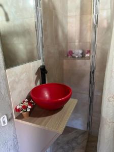a red bowl sitting on a shelf in a bathroom at Rincón "MIS SOLES" in Maipú