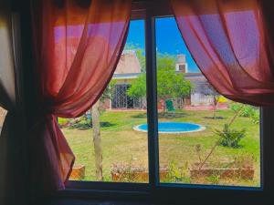 a window with a view of a yard with a pool at Rincón "MIS SOLES" in Maipú