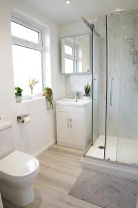 een badkamer met een douche, een toilet en een wastafel bij 32GC Dreams Unlimited - Heathrow Studio Flat w free on-street parking in Staines upon Thames