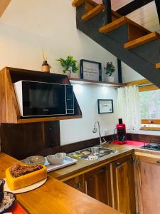 uma cozinha com um lavatório e um micro-ondas no balcão em Chalé do amor, sítio pousada vô Maneca em Timbó