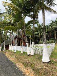 uma cerca branca com palmeiras em frente a uma casa em Chalé do amor, sítio pousada vô Maneca em Timbó