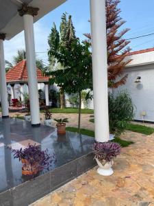 une terrasse couverte avec des colonnes blanches et des plantes en pot dans l'établissement The Manor, à Lomé