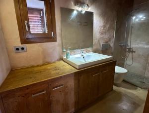 a bathroom with a sink and a toilet and a mirror at Casa Bella in Playa Migjorn