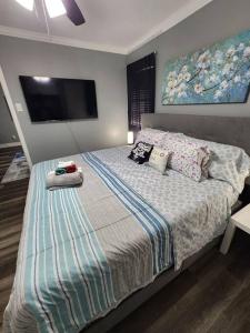a bedroom with a bed with pillows and a television at Blue Shark *G1* @ Montrose Urban 1BR King Apartment in Houston