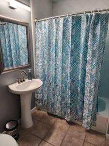 a bathroom with a sink and a shower curtain at Blue Shark *G1* @ Montrose Urban 1BR King Apartment in Houston