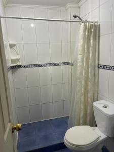 y baño blanco con aseo y ducha. en Alojamientos OPV en Calama