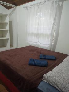 1 dormitorio con 1 cama con 2 almohadas azules en Pousada Vale Encantado Macaé, en Macaé