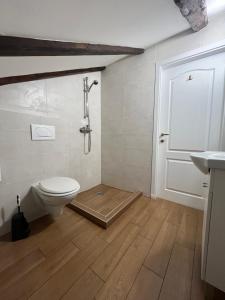 uma casa de banho com um chuveiro e um WC. em Hostel Old School em Rijeka