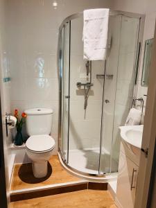 Boho Beach House - Beach location في بورنموث: حمام مع دش ومرحاض ومغسلة