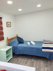 a bedroom with a blue bed with two pillows at Apartamento cerca del Humedal Tres Puentes in Punta Arenas
