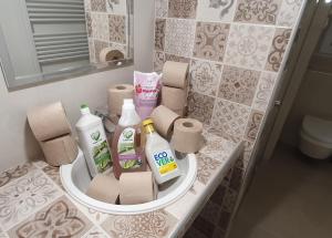 lavabo con jabón y artículos de aseo. en Park Vista, en Zagreb