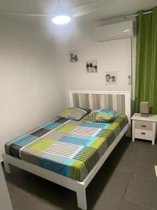 uma cama num quarto com uma cortina verde em Le Cocon Des Îles em Les Abymes