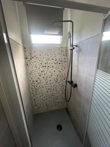 baño con ducha y puerta de cristal en Le Cocon Des Îles en Les Abymes